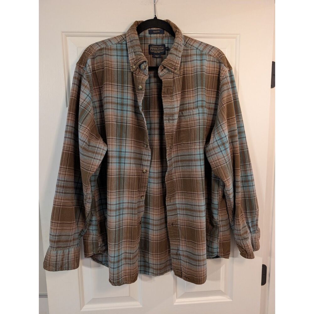 Pendleton Mason Flannel Shirt Men's XL Brown Blue Plaid 100% Cotton